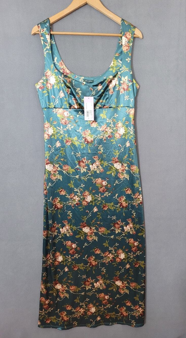 Wild Fable Women's Satin Dress Teal Floral Romantic Maxi Long Bodycon Size Large